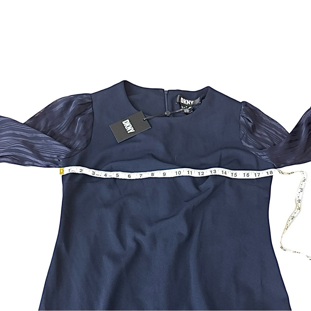 DKNY Navy Sheath Dress Size 10 NWT Puff Sleeve Pleated Elegant Career - Picture 3 of 11